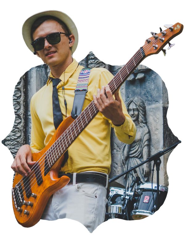 A bass guitarist mid-performance