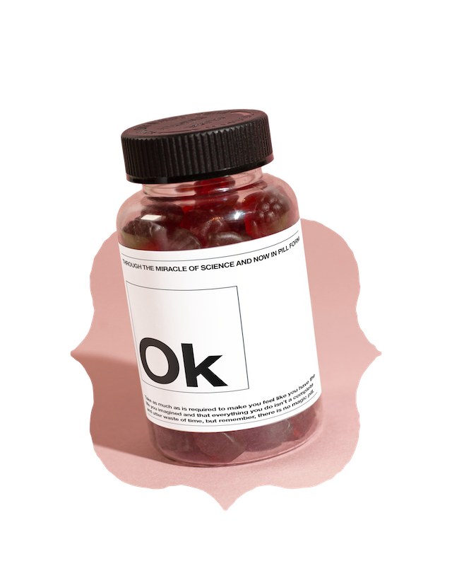 A bottle of red pills labelled &lsquo;Ok&rsquo; &ndash; the cure, sold in pill form